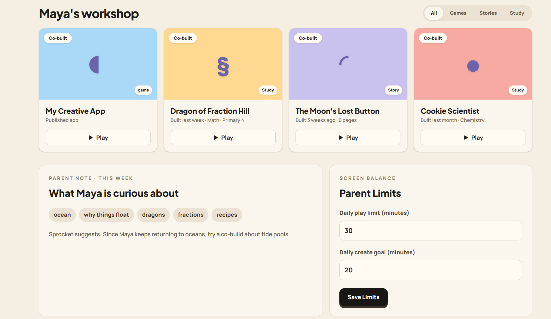 LilGenius parent dashboard showing prompt insights and screen time controls