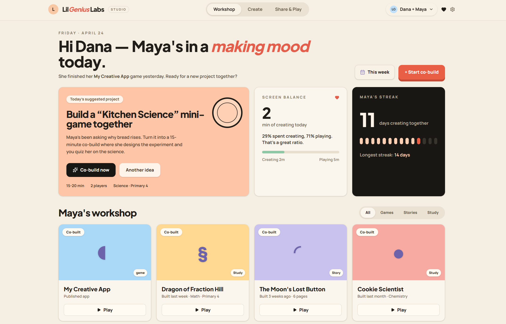 LilGenius parent dashboard showing a child's creations and activity overview